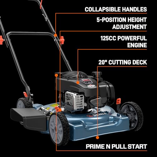 SENIX 20-Inch Gas Lawn Mower with 125 cc 4-Cycle Briggs & Stratton Engine, Side Discharge, 5-Position Single Wheel Height Adjustment (LSPG-L3)