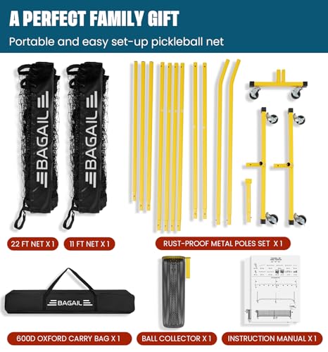 BAGAIL Portable Pickleball Net Set with Wheels, 22 FT Regulation Size & 11 FT Half Court Size 2-in-1 Pickle Ball Net with Ball Collector, Carry Bag, Easy Setup for Outdoor Indoor Driveway - Yellow
