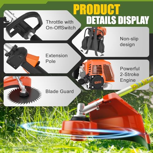 Weed Wacker Gas Powered, 2-Stroke 3 in 1 Gas Brush Cutter with Rubber Handle & Shoulder Strap,Gas Weed Eater Trimmer for Yard, Garden (52CC)
