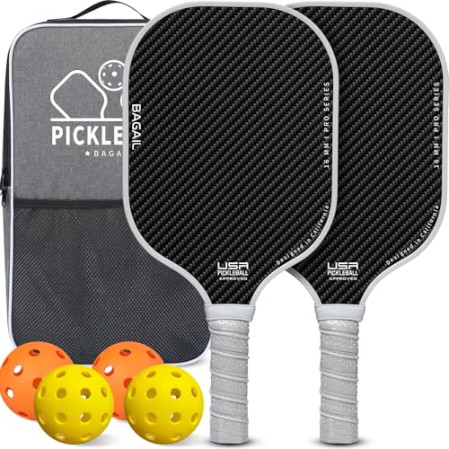 BAGAIL Pickleball Paddles, USAPA Approved Fiberglass Surface Pickleball Set, Lightweight Pickle Ball Rackets with 4 Balls, 1 Bag, Designed in California for Traction and Stability - 2 Pack, Gray