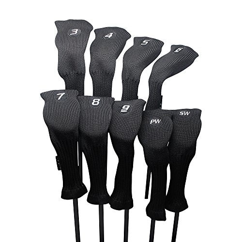 Majek All Hybrid Golf Club Black Sleek Tight Fit Headcover Set 3-SW Acrylic Head Covers 3 4 5 6 7 8 9 PW SW (Total of 9 Hybrid Head cover Set)