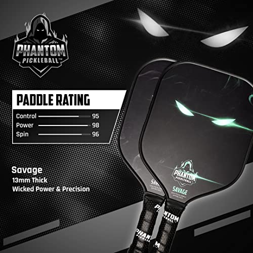 Phantom Pickleball Paddle Savage 13mm - Carbon Fiber - USA Pickleball Approved - Max Grit and Spin Elongated Body Pickle Ball Paddle - Lightweight Pickleball Racket with Polypropylene Core