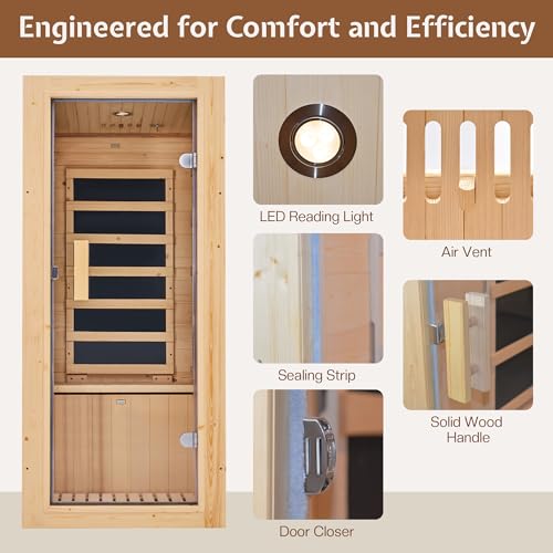 Jocisland 1 Person Infrared Sauna–Low EMF 110V Red Light, Pre-Warms to 149℉ in 20 Minutes,106lbs Lightweight Spruce Wood Infrared saunas,Compact Dry Sauna for Home Spa & Apartments