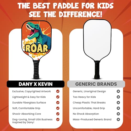 Dany x Kevin Kids Pickleball Paddle – Dinosaur Design for Ages 3–12 | Lightweight Fiberglass (0.37 lbs) | Small Grip for Easy Control | Fun Beginner Gift for Boys, Girls, Toddlers & Youth