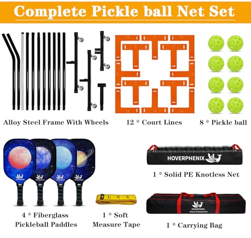 Portable Pickleball Set - Wheeled Net, 4 Fiberglass Paddles, 8 Balls, Court Marking Kit, Carry Bag