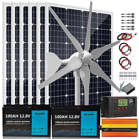 1120W 24V Solar Wind Power Kit Home Off-Grid System for Charging Battery：2X 100AH Lithium Battery + 400W Wind Turbine Generator + 6X 120W Mono Solar Panel+ Charge Controller + 3000W Inverter