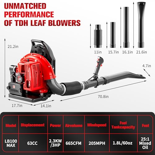 TDH Gas Backpack Leaf Blower, 2-Stroke Handheld Snow Blower with 665 CFM & 205 MPH High Power for Commercial Lawn Care, Yard Debris & Snow Removal,Red