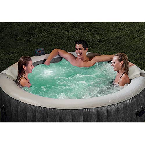 Intex Greywood Deluxe 4 Person Outdoor Portable Inflatable Hot Tub Spa with Multi-Color LED Light, Foam Headrests, and 140 Soothing Bubble Jets, Gray