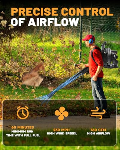 72CC Gas Backpack Leaf Blower - 2-Stroke Handheld-Class V Engine, 230 MPH 760 CFM, Adjustable Speed, Low Noise & Ergonomic Design, Cruise Control for Fast Yard Cleanup (Black)