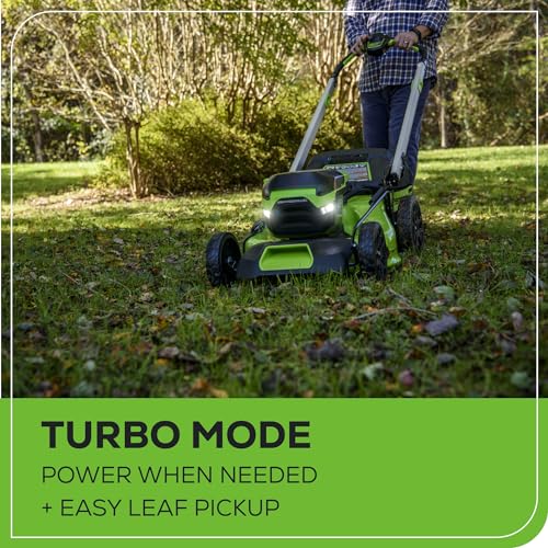 Greenworks 60V 21" Self-Propelled Cordless Lawn Mower, Brushless Motor, LED Lights, Includes 2X 4.0Ah Batteries & Rapid Dual-Port Charger(75+ Tool Compatibility, 45Min Runtime)