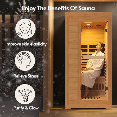 Rotihom Infrared Sauna at Home 1-2 Person with 7 Color Full Spectrum, Low EMF 1745W Fast Heating Canadian Hemlock Wood Sauna, Indoor Dry Sauna with Music Speakers for Home, Gym (3Lx3.3Wx6.3H Ft)