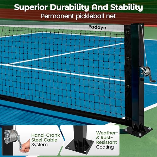 PADDYN Permanent Pickleball net System with Hand-Crank Tension,Heavy Duty Steel Frame Pickleball net for Driveway,PRO Pickleball Net,Tournament-Spec 22ft x 36in Backyard,Club,School