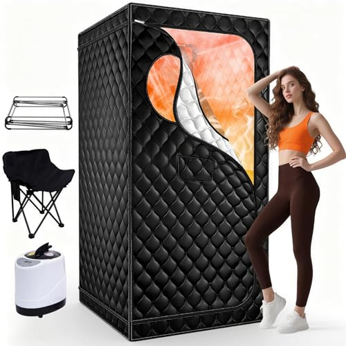 Portable Sauna for Home, Upgraded Personal Steam Sauna Box with 3L 1300W Steamer, Folding Chair, Extra Large Size Foldable Home Sauna 3’X 3’X 5.9’, Full Body Sauna Tent for Relaxation Spa, Black