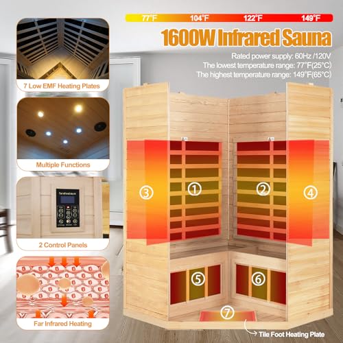 SALUSHEAT Far Infrared Wooden Sauna Room, 2-3 Person Home Sauna Canadian Hemlock Indoor Corner Sauna Spa, 2 Bluetooth Speakers, 2 LED Reading Lamp, 3 Chromotherapy Lights