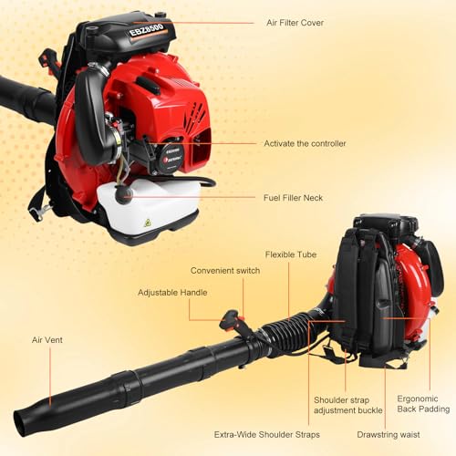 Gas Powered Backpack Leaf Blower 75.6cc 2-Stroke, 850 CFM Airflow & 200 MPH Wind Speed Yard Blower for Leaves, Snow & Outdoor Cleanup