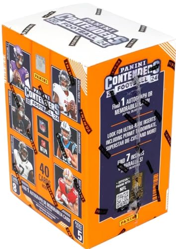 2024 Panini Contenders Football Series Factory Sealed Blaster Box with One Autograph or Rookie Ticket Memorabilia Swatch Plus Seven Inserts or Parallels Per Box Including Exclusive Blue Parallels
