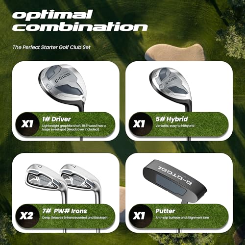 1GoTo-G 7 Pieces Golf Clubs Set for Men - Complete Mens Golf Clubs Full Set Left Handed Includes Stand Bag with Rain Hood, 1# Driver, 5# Hybrid, 7# PW# Irons and Putter