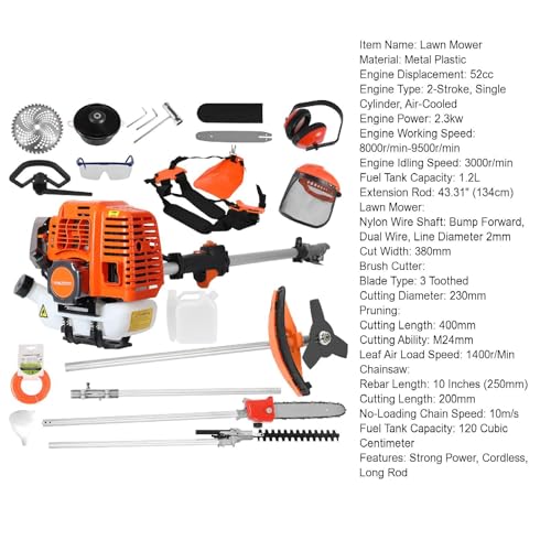 gihusrzx 2025 New Gas Weed Wacker - 52cc 2-Stroke 5 in 1 Multi-Functional Lawn Mower Hedge Trimmer Pruners Gas Powered Brush Cutter, Handheld Weed Eater for Garden and Yard Lawn Orange