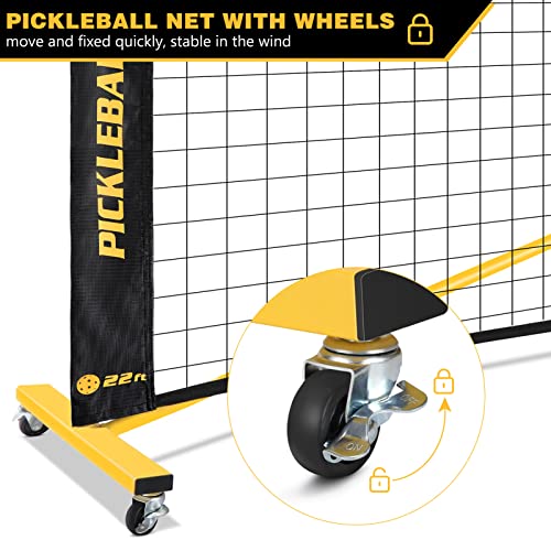 Portable Pickleball Net Set with Wheels, Regulation Size 22 FT & Half Court 11 FT, Steady Metal Frame Pickle Ball Net Set System with Carry Bag for Backyards, Driveways, and Garages (Black&Yellow)