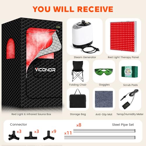 Viconor Infrared Sauna Box, Portable Steam Infrared Sauna Tent with Red Light Therapy for Home, Full Body Steam Indoor Sauna Box for Relaxation, 3L/1200W Steamer, 9 Levels Heat, Timer, Folding Chair