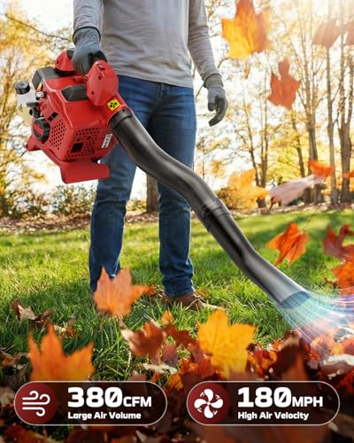 Getell 27cc Gas Powered Handheld Blower, 380 CFM 180 MPH 2-Cycle Engine, Lightweight Quick-Start for Lawn Care, Snow & Roof Leaf Cleaning (GET309)
