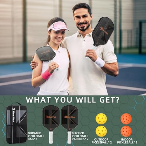 Pickleball Paddle Set of 2 for Beginners & Intermediates – Carbon Fiber Face, 16mm Polypropylene Honeycomb Core, Perforated Anti-Slip Grip – USA Pickleball Approved – 4 Balls + Carry Bag
