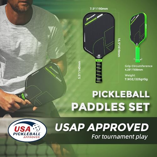 AKS Pickleball Paddle Set of 2 Premium Pickleball Paddles with T700 Raw Carbon Fiber Surface & 16mm Power Polymer Core, USAP Approved Rackets Designed for Ultimate Spin & Consistency - Blackgreen