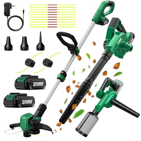 KIMO 20V Weed Wacker and Blower Combo w/2 x 2.0Ah Battery & Charger, 12 Inch String Trimmer w/10Pcs Cutting Lines, 4-in-1 Leaf Blower Cordless w/Vacuum, 3 Nozzles & 20" Extended Tube for Yard, Garden
