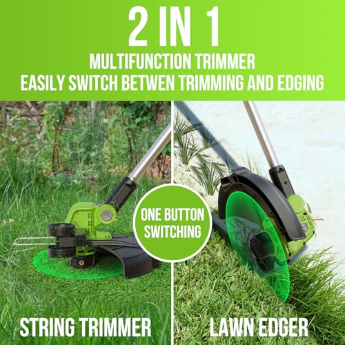 VARSK 20V String Trimmer Cordless, 12 Inch 2 in 1 Trimmer and Edger, Automatic Line Feed, Includes 2 X 2.0Ah Batteries/1 X Fast Charger/6 X Spare Spools, for Lawn, Garden, etc, Light Green