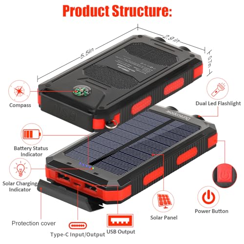 Solar Charger Power Bank, 20000mAh Portable Outdoor Waterproof Solar Battery Charger, Camping External Backup Battery Pack USB C Ports Input/Output, 2 Led Light Flashlight with Compass (Red)