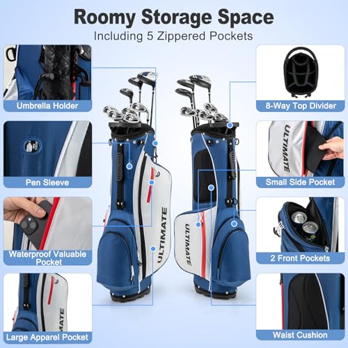 Tangkula 10 Pieces Men's Complete Golf Clubs Set Right Hand, Includes 460cc Alloy #1 Driver & #3 Fairway Wood & #4 Hybrid & #6/#7/#8/#9/#P Irons & Putter, Golf Club Set,Blue