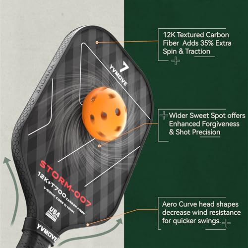 YVmove Pickleball Paddle with T700 Raw Carbon Fiber Surface & 16mm STR-Core Power Polymer Core, Premium Pickle Ball Racket Designed for Ultimate Spin & Consistency, USAPA Approved