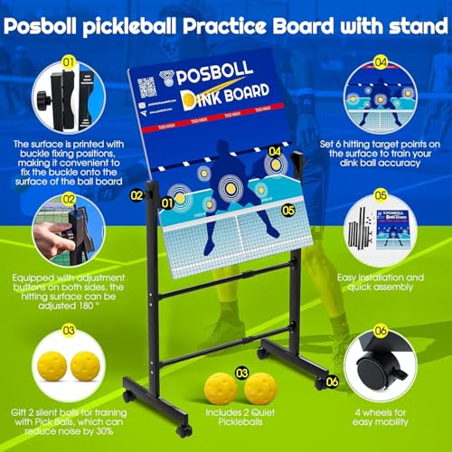 Posboll Pickleball Practice Board&Dink Rebounder with Stand Pickleball Wall for Practice Dink Board for Pickle Ball Training Adjustable Pickle Ball Practice Rebounder Pad Portable Dink Guru