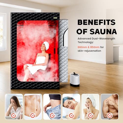 Viconor Infrared Sauna Box, Portable Steam Infrared Sauna Tent with Red Light Therapy for Home, Full Body Steam Indoor Sauna Box for Relaxation, 3L/1200W Steamer, 9 Levels Heat, Timer, Folding Chair