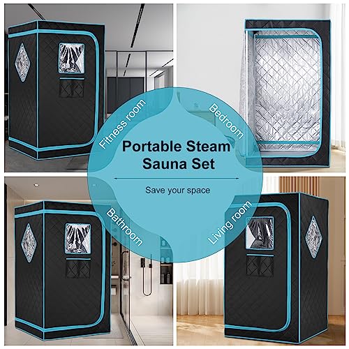 iDOTODO Portable Steam Sauna Box for Home Spa, Steam Saunas for Home, Full Body Sauna Tent for Relaxation, 1500W & 4L Sauna Steamer Machine, Remote Control, Foldable Chair (Black)