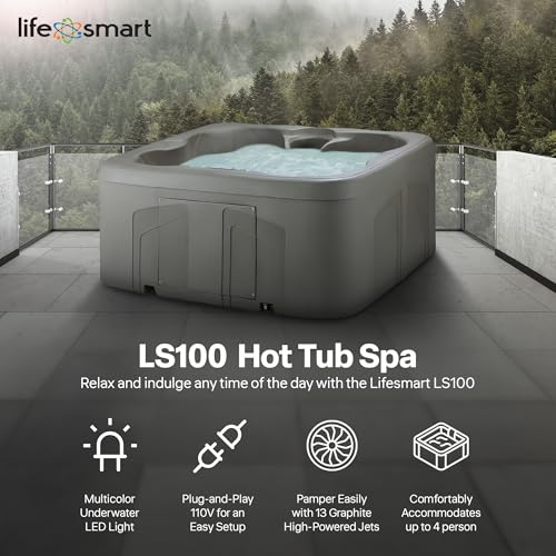 LifeSmart 4-Person Hot Tub with 13 High-Powered Jets & LED Lighting, Square, Taupe - Outdoor Spa w/ 4 Bucket Seats, Pump & Cover, 205-Gallon Water Capacity