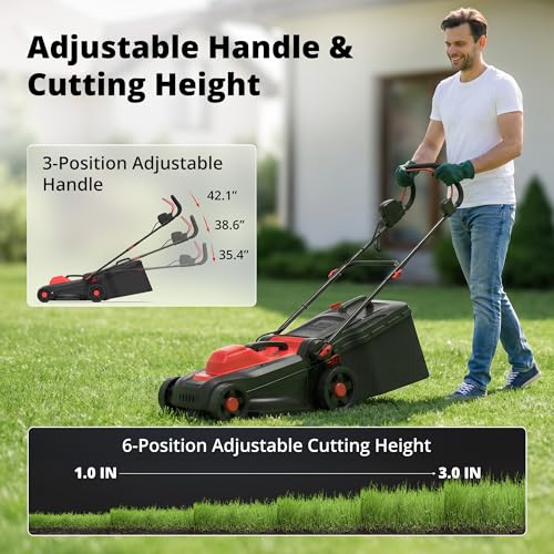 AMERISUN 14-Inch 2IN1 Electric Lawn Mower, 12.5 Amp 1500W Corded Push Mower with 6-Position Height Adjustment, 10-Gallon Grass Catcher & Mulching Kit, Lightweight Lawn Mower for Small to Medium Yards