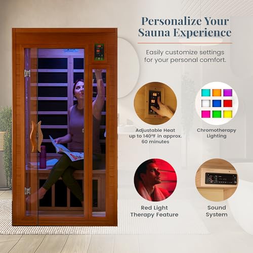 DYNAMIC SAUNAS Barcelona 1- to 2-Person Low EMF FAR Infrared Sauna with Red Light Therapy & Bluetooth Speakers | Personal Indoor Dry Heat Sauna for Home & Gym – Made from Canadian Hemlock