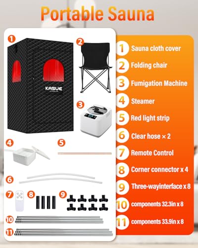 KASUE Infrared Sauna Box, Portable Steam Sauna with 3L Steamer, 5-Layer Waterproof, Thermal Insulation, Folding Chair, for Home Spa, Indoor & Outdoor(Black)