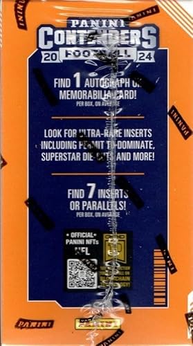 2024 Panini Contenders Football Series Factory Sealed Blaster Box with One Autograph or Rookie Ticket Memorabilia Swatch Plus Seven Inserts or Parallels Per Box Including Exclusive Blue Parallels