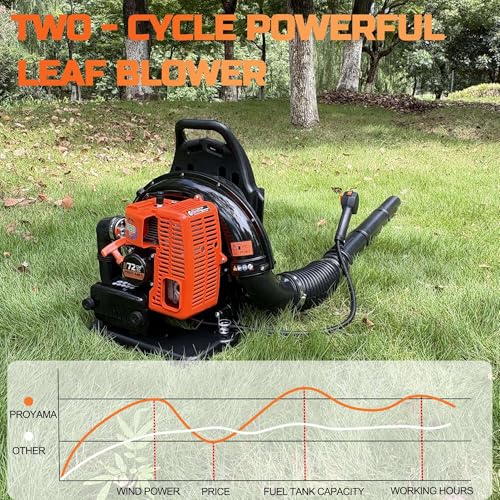 PROYAMA 72CC Gas Backpack Leaf Blower, 2-Cycle 880CFM 275MPH Gas Powered Engine, 2 in 1 Nozzle Low Vibration and Ergonomic Design with Cruise Control for Outdoor GardenYard Cleaning and Snow Removal