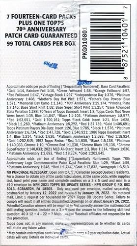 2021 Topps Traded and Update Series Baseball Unopened Blaster Box of Packs with 99 Cards including One EXCLUSIVE 70th Anniversary Patch and Possible Rookies Autographs and Jersey Cards
