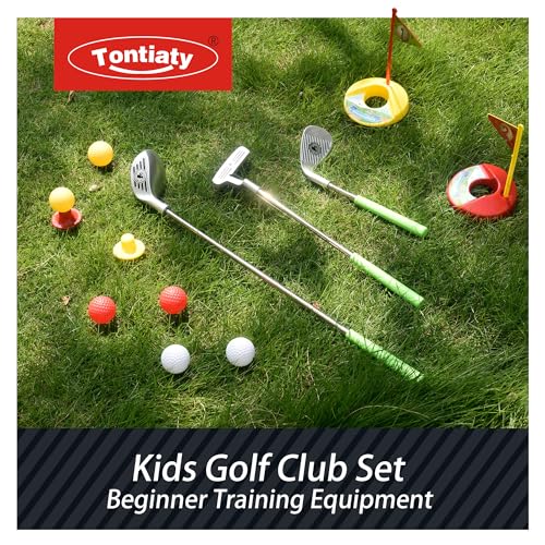 Tontiaty Kids Golf Clubs Set for 3-8 Years Old, Adjustable, Indoor & Outdoor, Includes 3 Clubs, 2 Golf Holes with Flags, 2 Tees, 6 Balls, Sports Toy for Boys Girls Birthday