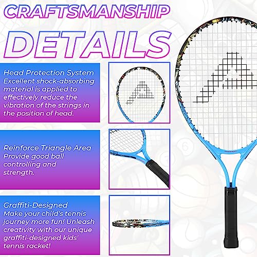 AMA SPORT Kids Tennis Racket for Junior Toddlers Starter Kit 17-25" for Girl Pink and Boy Blue with 420D Nylon Shoulder Strap Bag, Graffiti Blue 17"
