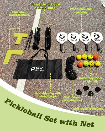 NQV Half Court Pickleball Net Set - 10FT Net+4 Wood Paddles+8 Balls+4 Ball Retrievers+1 Court Marking Kit+1 Bag, Pickleball Kit for Driveway Adults Beginners Pros