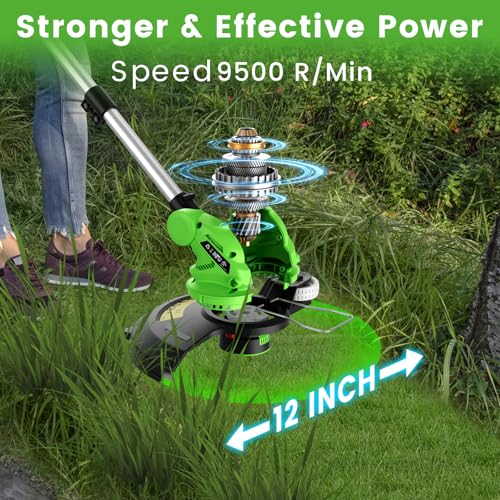 20V 12" Cordless String Trimmer With 2 X 4.0ah Battery and Charger, Electric Grass Trimmer Battery Powered Eater String, Edger Lawn Tool Grass Cutter With 8pcs Line, Lawn Mover For Yard, Garden, Green