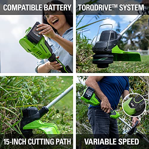 Greenworks 48V (24V x 2) 15" String Trimmer, (2) 2Ah Batteries and 4A Dual Port Charger Included