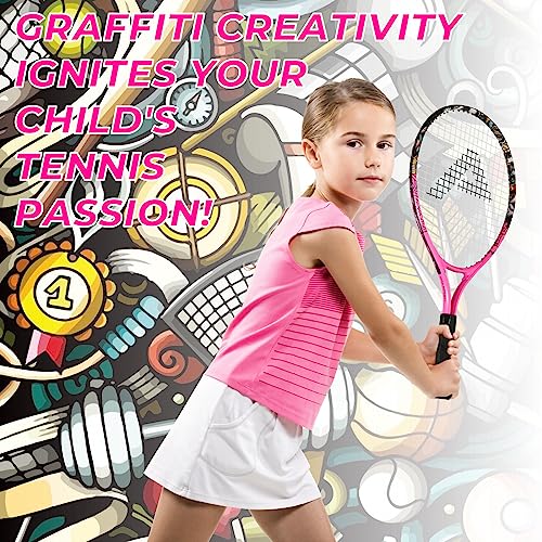 AMA SPORT Kids Tennis Racket for Junior Toddlers Starter Kit 17-25" for Girl Pink and Boy Yellow with 420D Nylon Shoulder Strap Bag, Graffiti Pink 23"