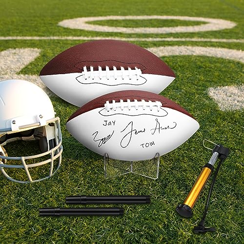 Liliful 2 Pcs Autograph Football Basketball Blank Official Size with 2 Stand 2 Signature Pen 1 Pump for Fantasy Trophy Anniversary Birthday Graduation(Size 9,2 Sides White Football)