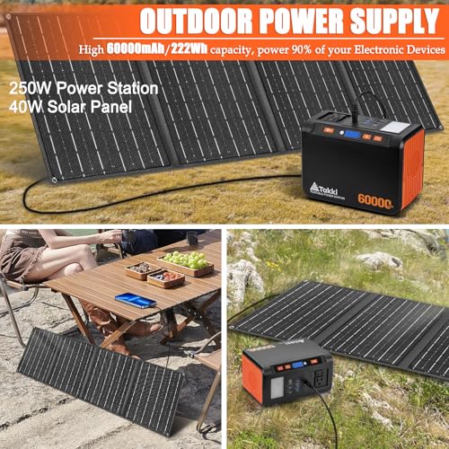 Takki Solar Generator 250W Portable Power Station with 40W Solar Panels 222Wh Pure Sine Wave Camping Lithium Battery Power Pack with AC 110V Outlet for Camping CPAP Home Use Emergency Outdoor